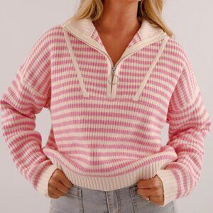 NWT SOFT PINK STRIPE HALF ZIP SWEATER